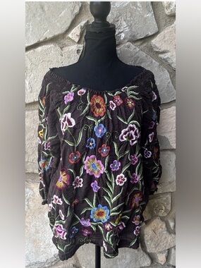 Pong Poco Ltd Off Shoulder Top Large Brown Colorful Embroidered Flowers EC